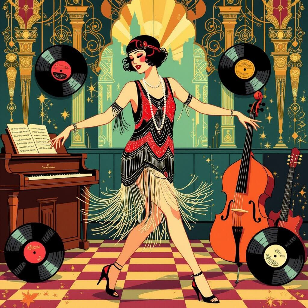 A playful geometric retro vintage style photo , Speakeasy and 20’s wrapped music old photo style , add ...  by @Littleblue 