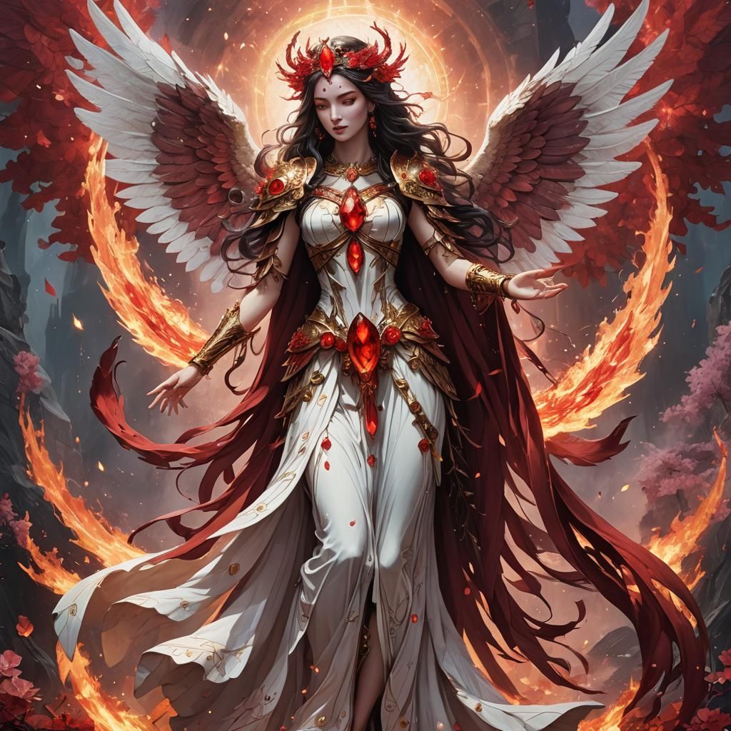 Divine Goddess of Hosts with crimson crystal flame wings