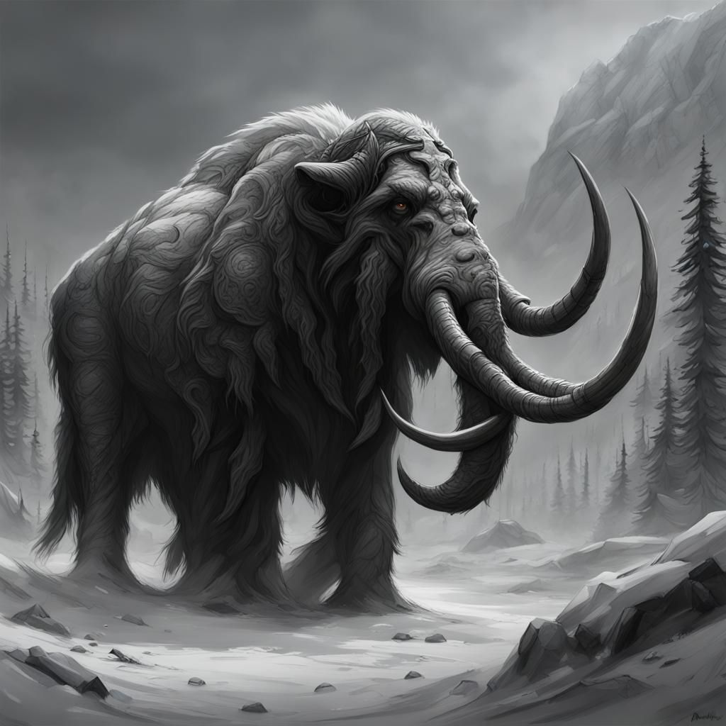 Dark, portrait, mastodon, details, intricate, tundra. Black ...