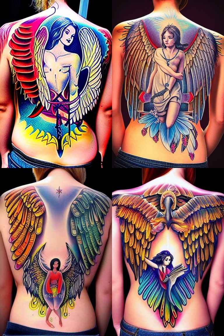 full back tattoo with angels