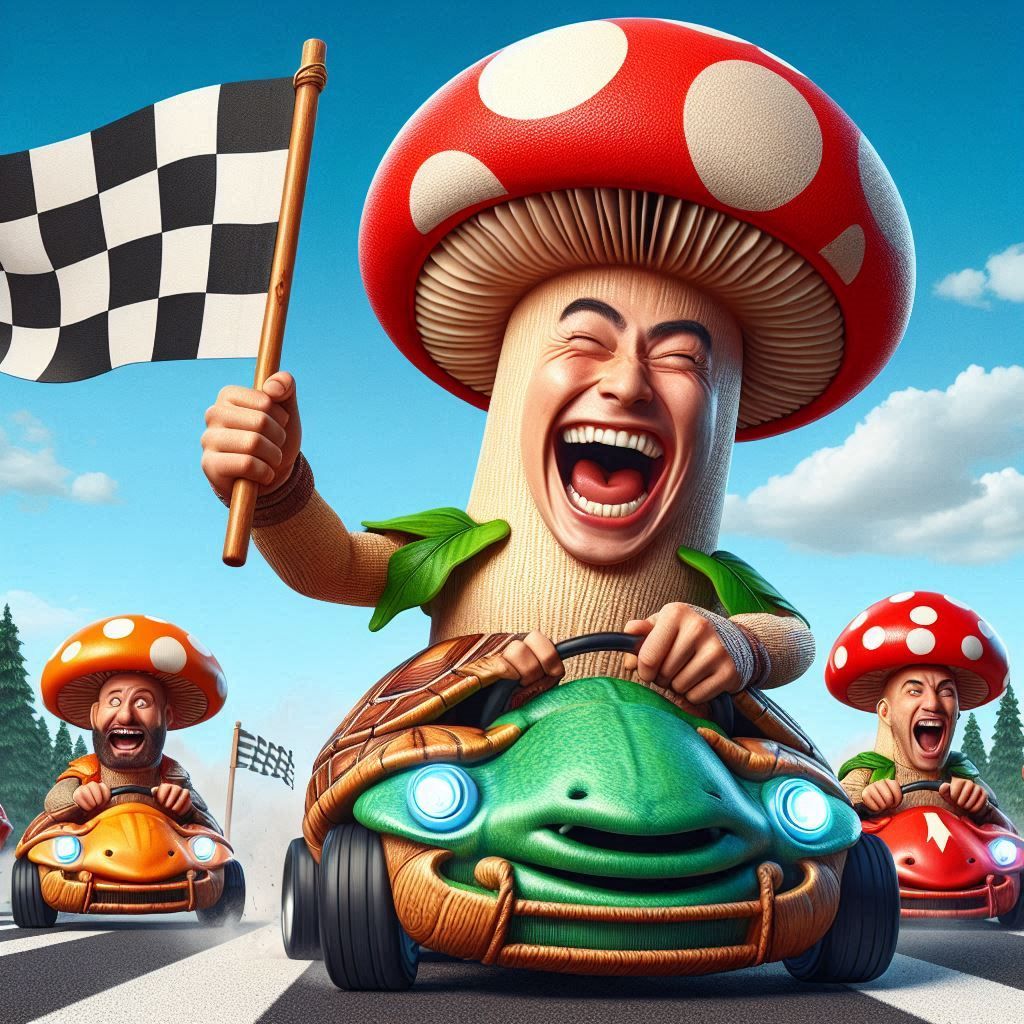 the crazy mushroom races in a car in the shape of a turtle and beats the other participants laughing madly