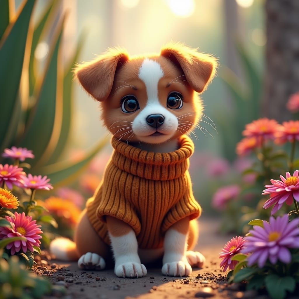 Puppy in Fantasy Garden, Detailed Matte Painting