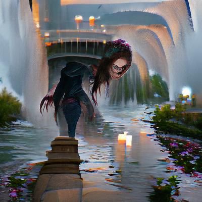 Follow her down to a bridge by a fountain