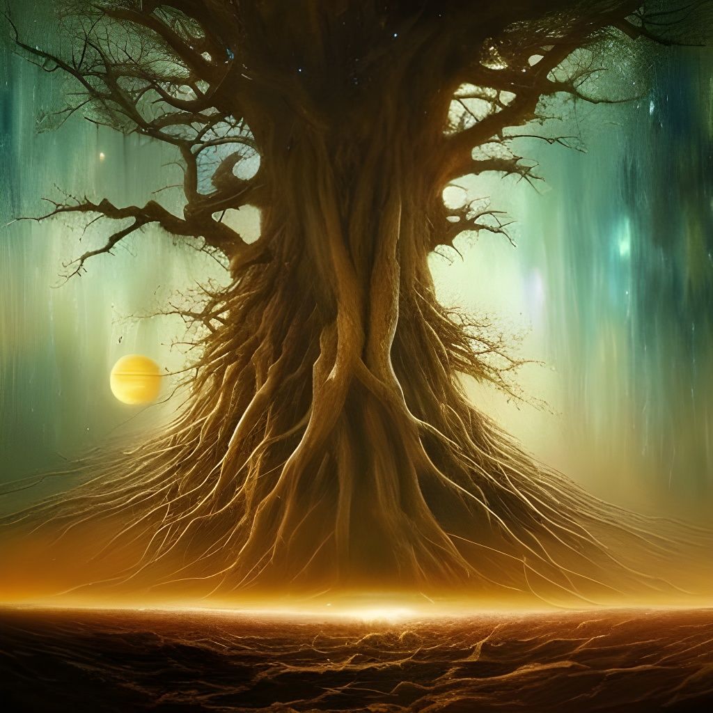 huge tree with big roots melting into the full of planets and stars ...