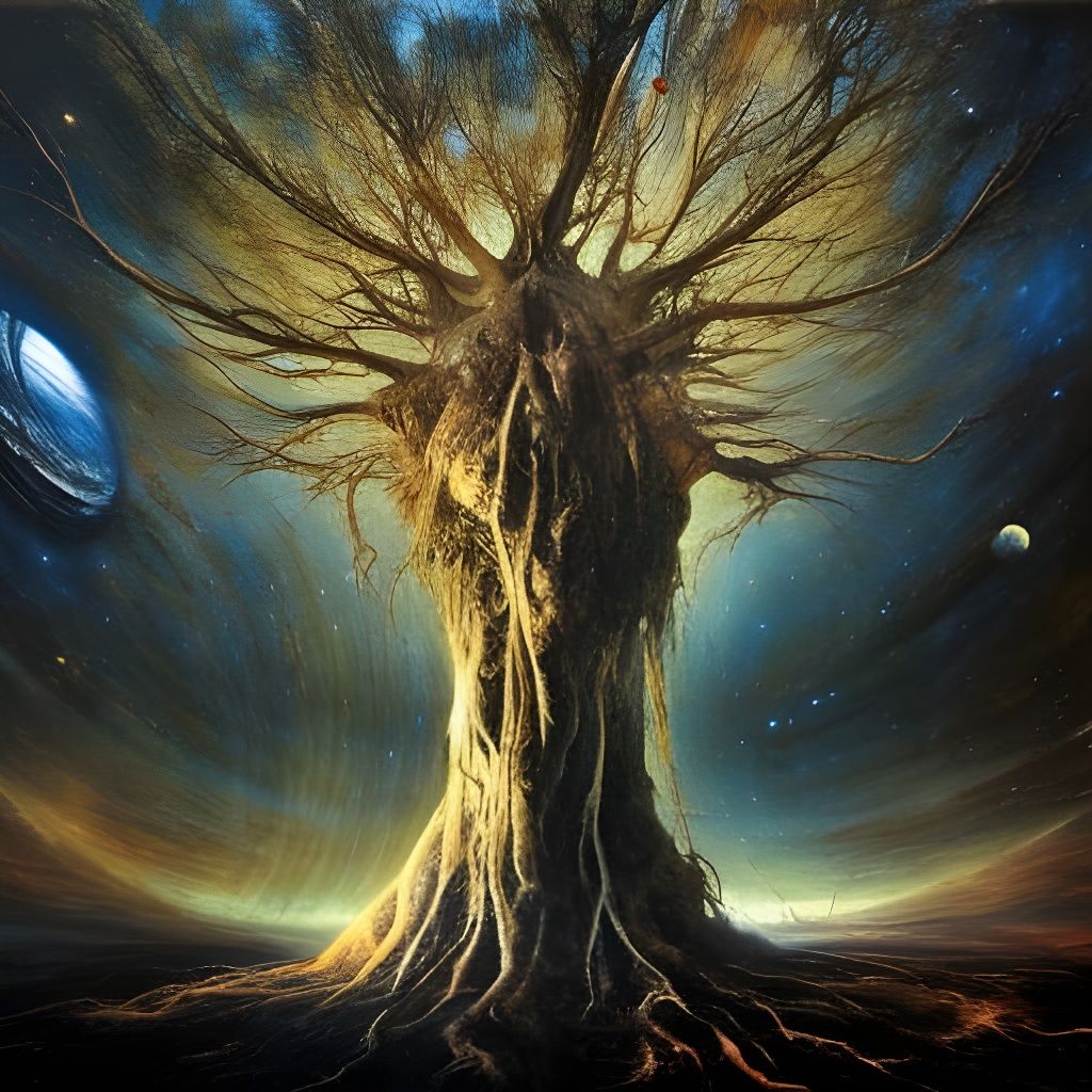 huge tree with big roots melting into the full of planets and stars ...