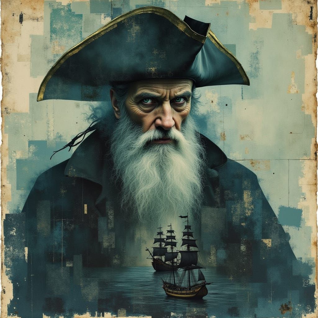 dramatic portrait of an old enigmatic bearded pirate holding a direct gaze with viewer with a sneer. pirate ship. black flag.
<lora:Vellumsi...