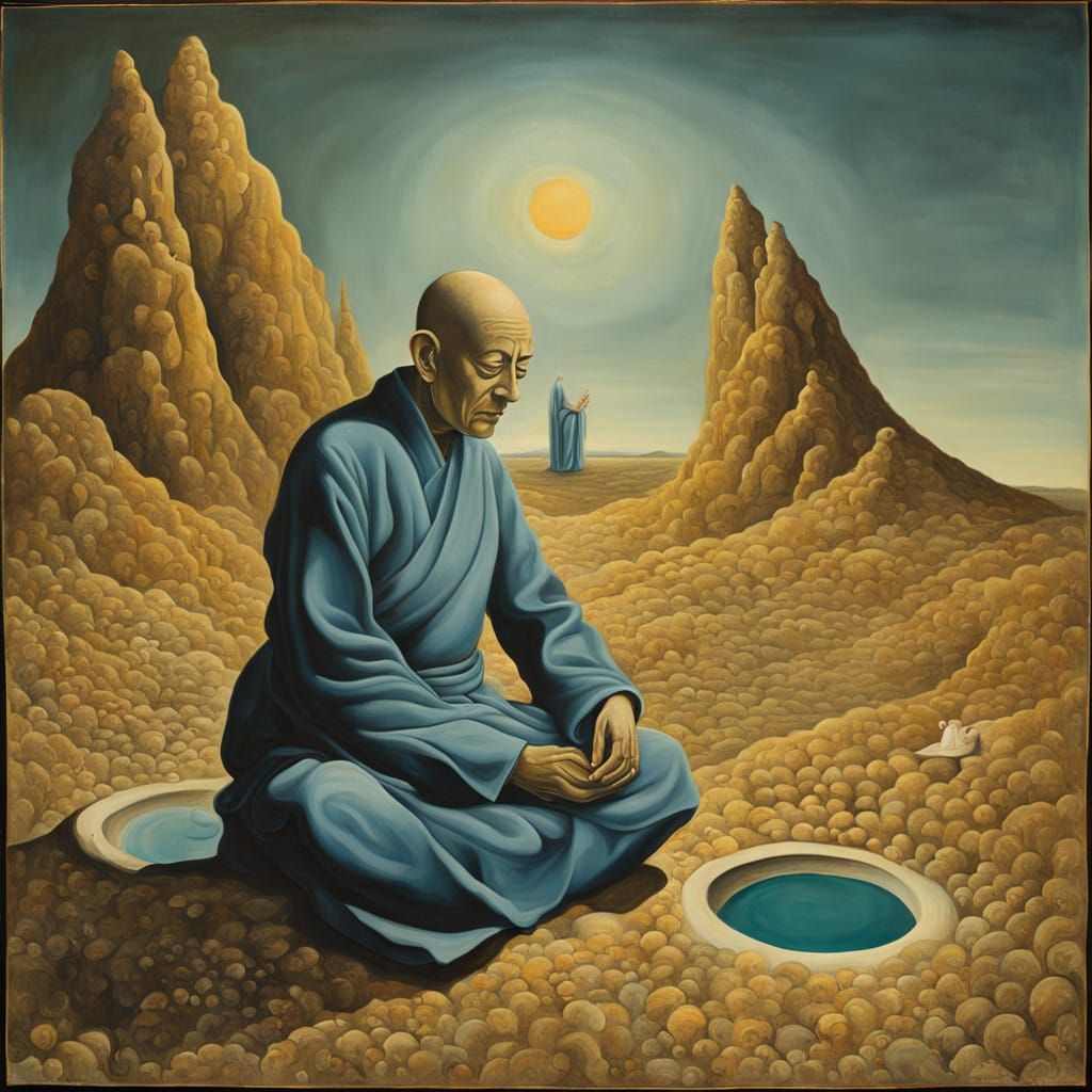 Buddhist Monk in Melting Surrealist Landscape