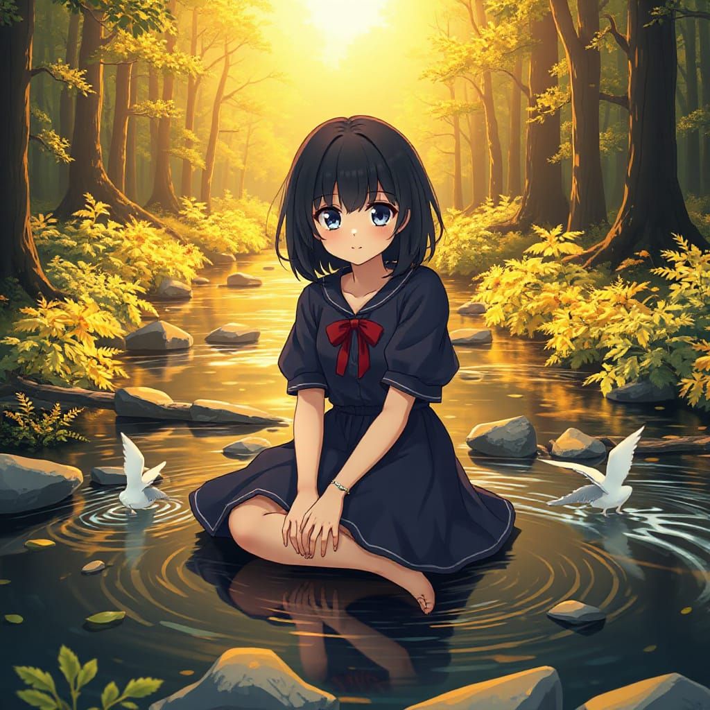 Anime Girl by Golden Forest River