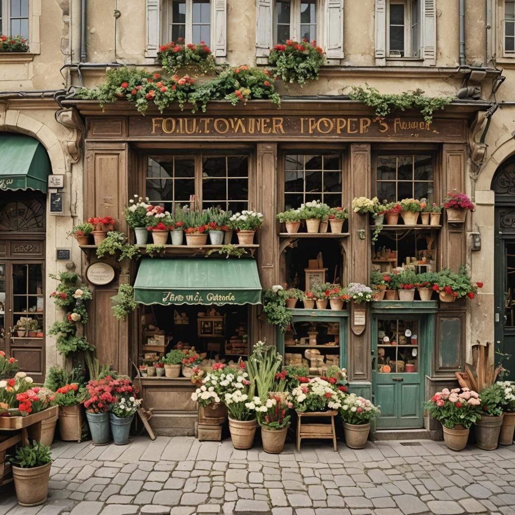 Vintage front side of French flowershop, ancient scenery
