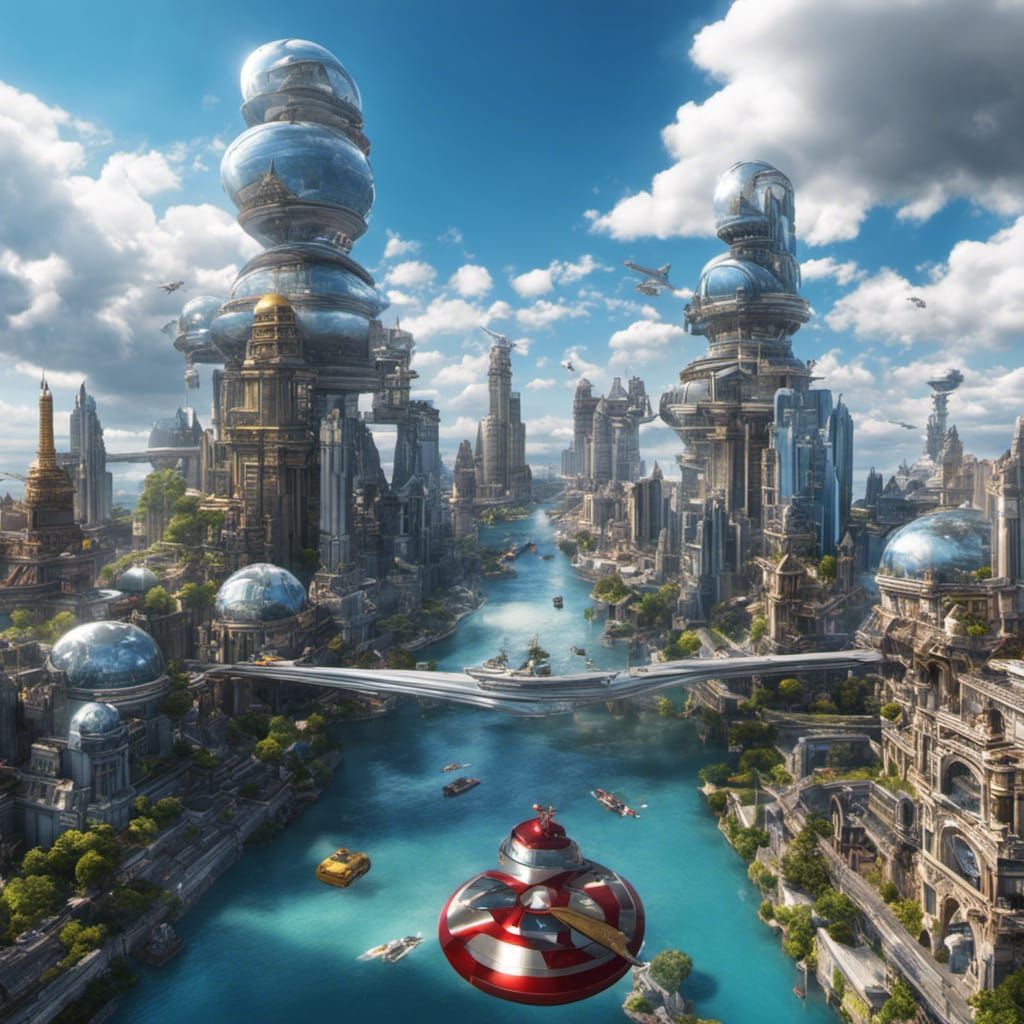 Avengers floating city in a brilliant blue sky with white fluffy clouds ...