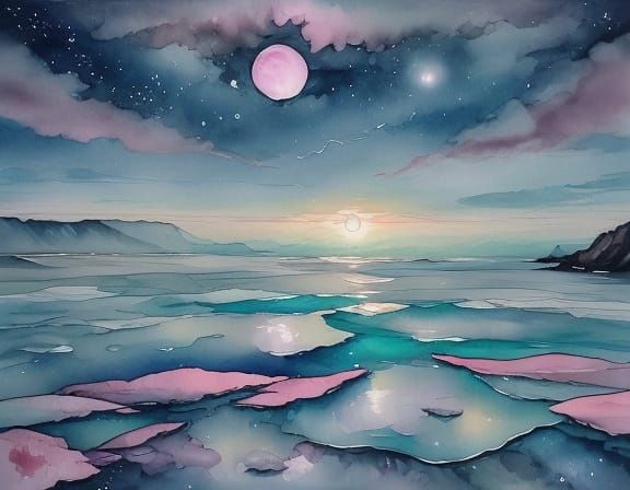 Ethereal Twilight Seascape with Opal Water and Rose Icebergs