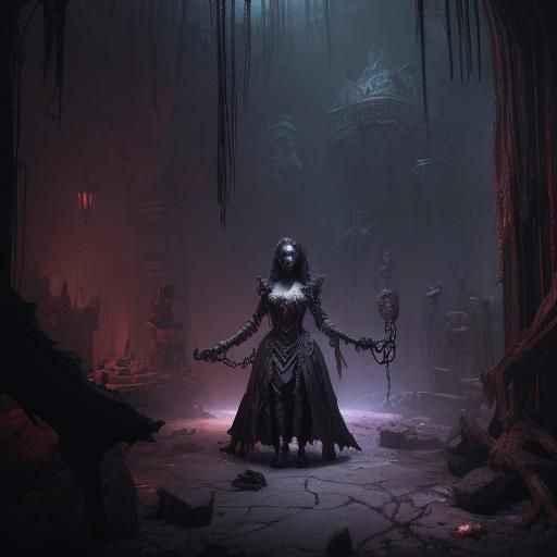 sinister dungeon setting, woman chained to wall, grotesque b...