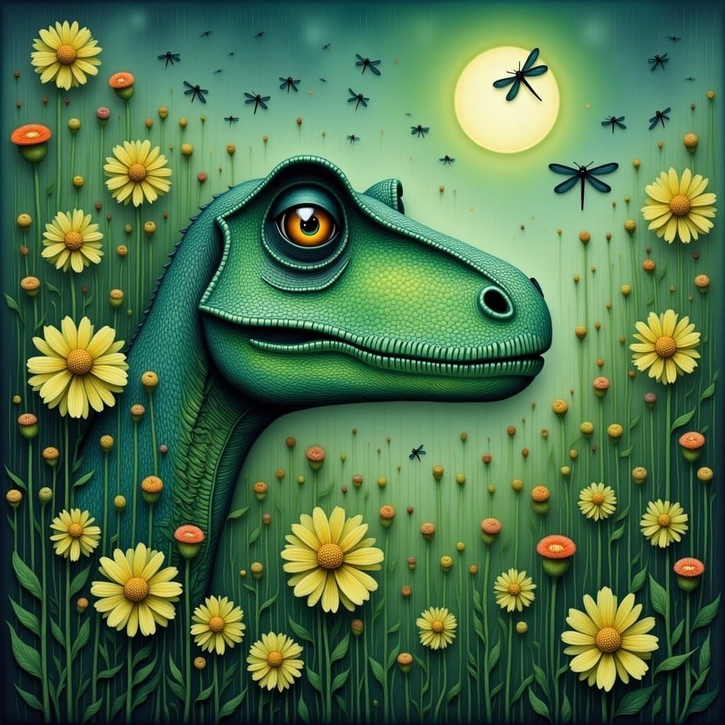 Close up of velociraptor face peeking out from Green Zinnia, green dahlias, green echinacea, green nicotiana green dragonflies, midges, shaf...