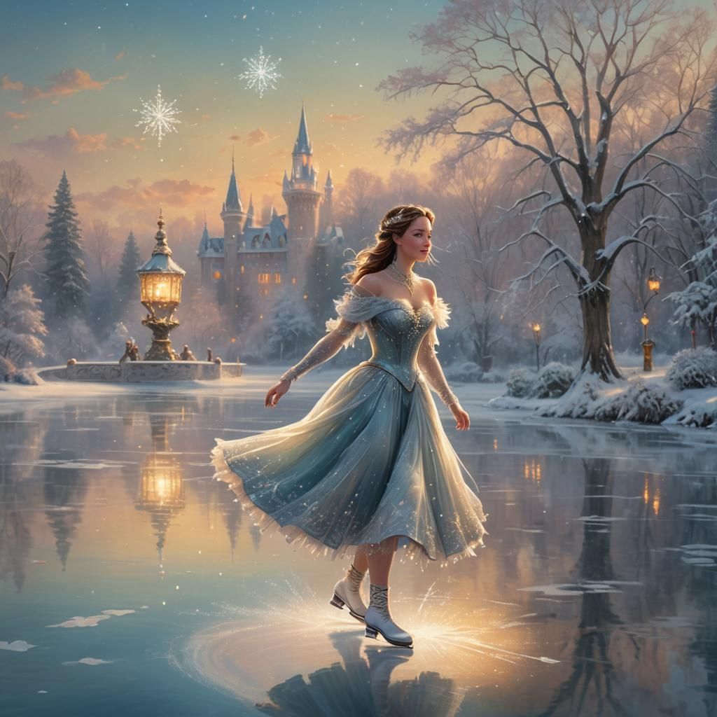 Woman Ice Skating in Magical Ice Palace: Impressionist Style