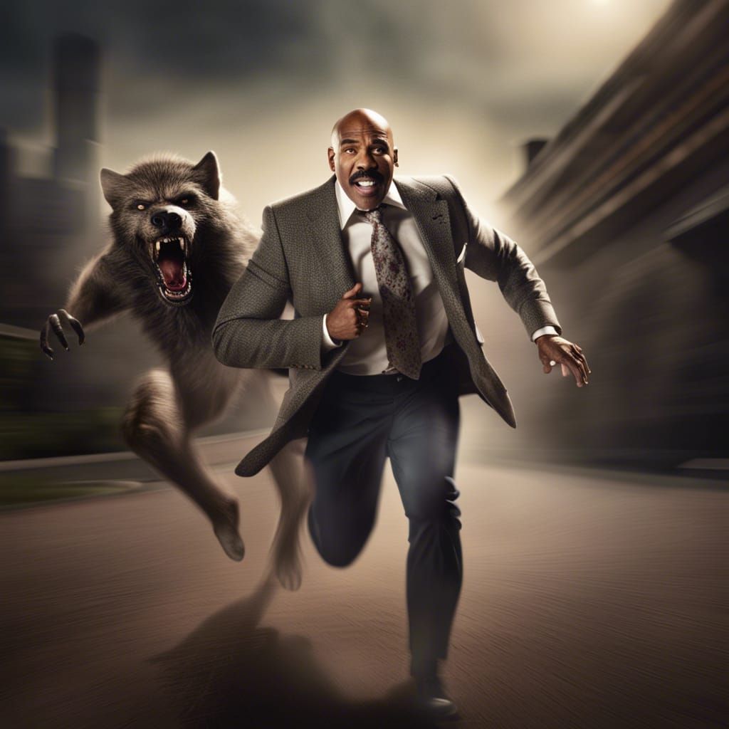 Steve Harvey running from a werewolf AI Generated Artwork NightCafe