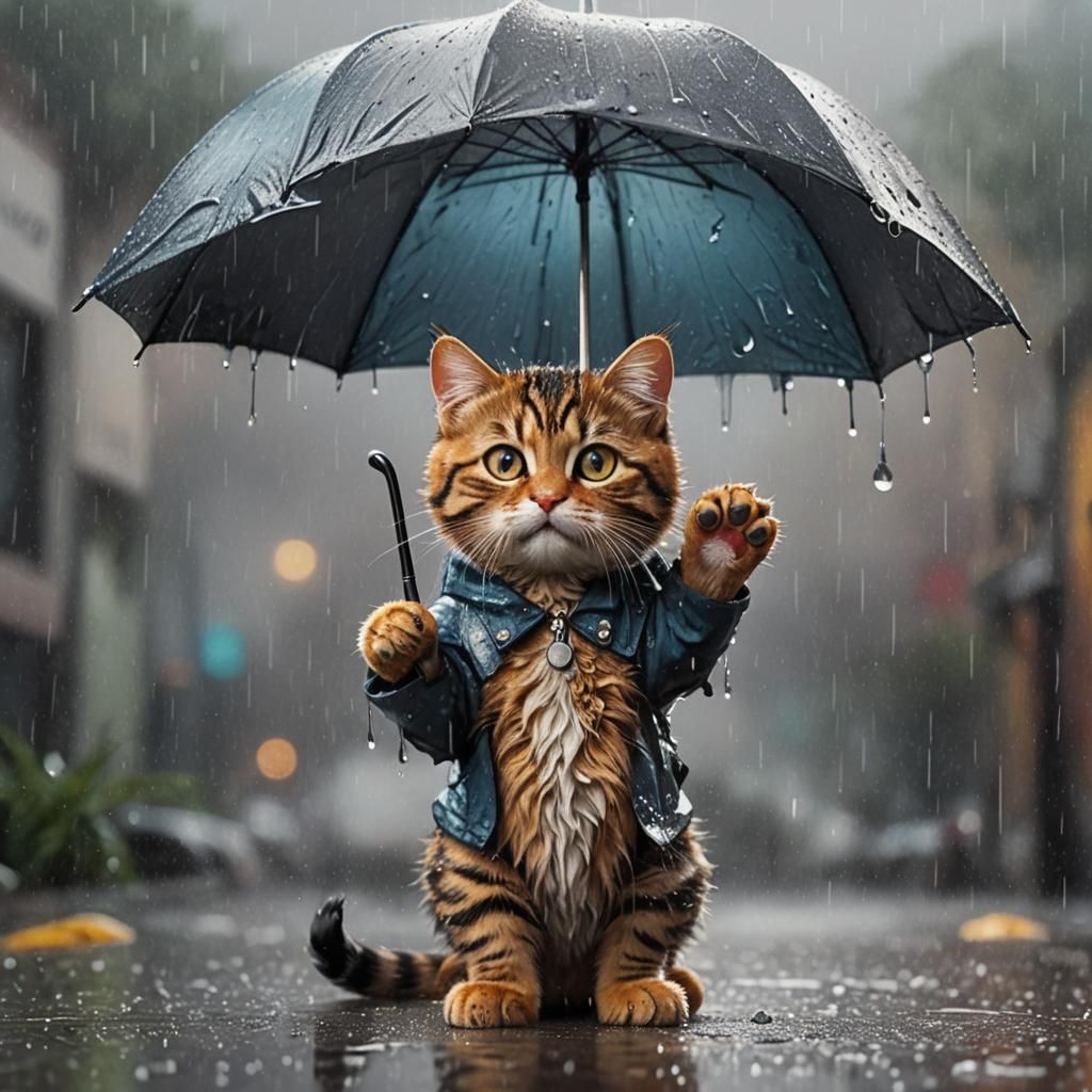 cute cat in the rain holding an umbrella in his paw