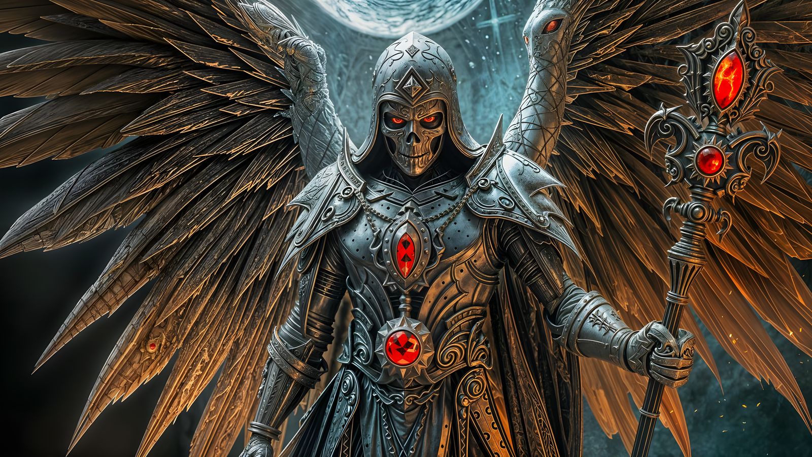 The Angel Of Death, vivid red eyes, wearing white and gold armour that is old and tattered, holding a ...  by @Mia