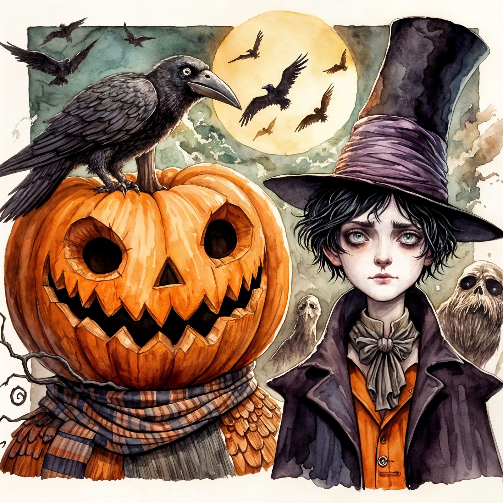 Merv the pumpkinhead and Raven Matthew from Neil Gaiman stories in watercolor style