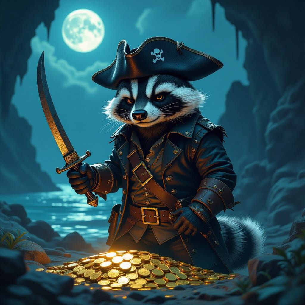 Digital painting. Full shot. A grumpy badger wearing a pirate hat and wielding a cutlass stands guard ...  by @Bobbles52