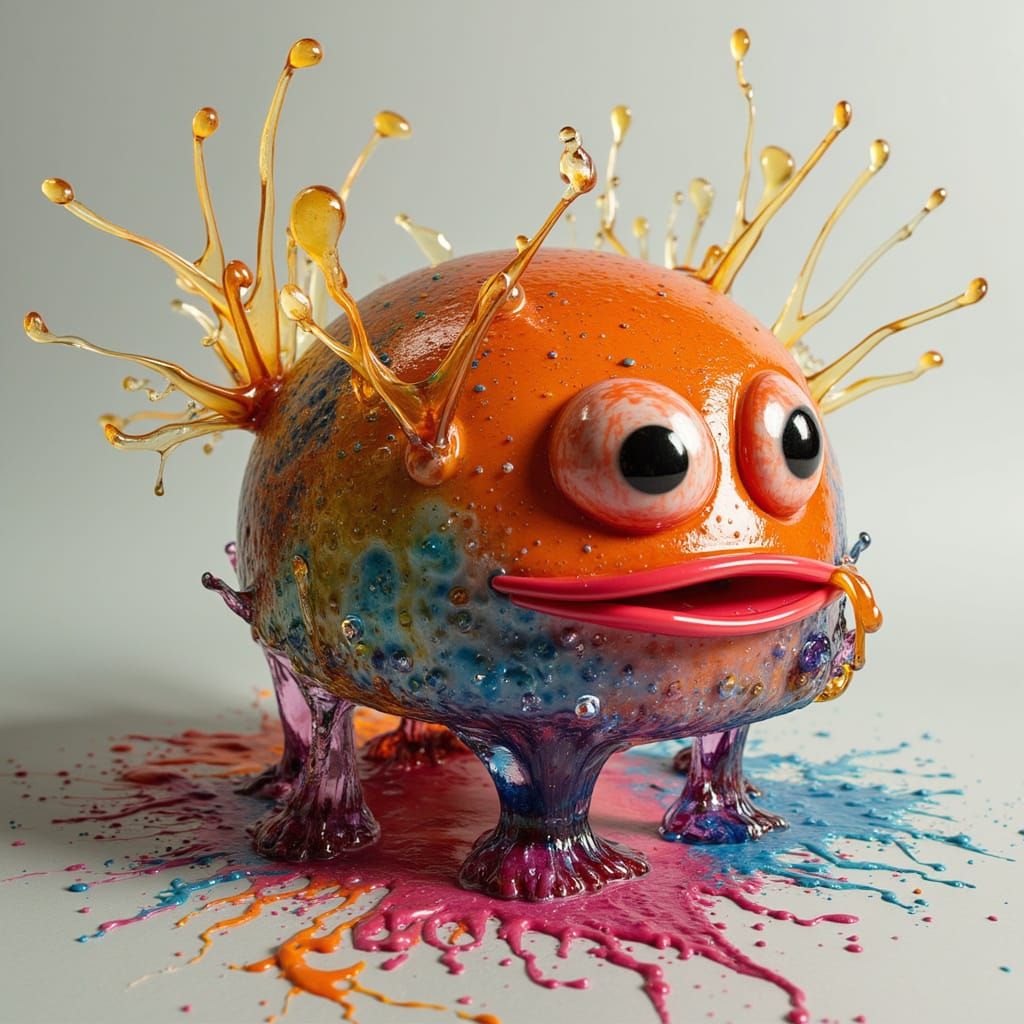 <lora:Flux Glas:1.0> a splashy funny creature from liquid glas and goggling eyes inspired by comic-artists and splash-artists in a photograp...