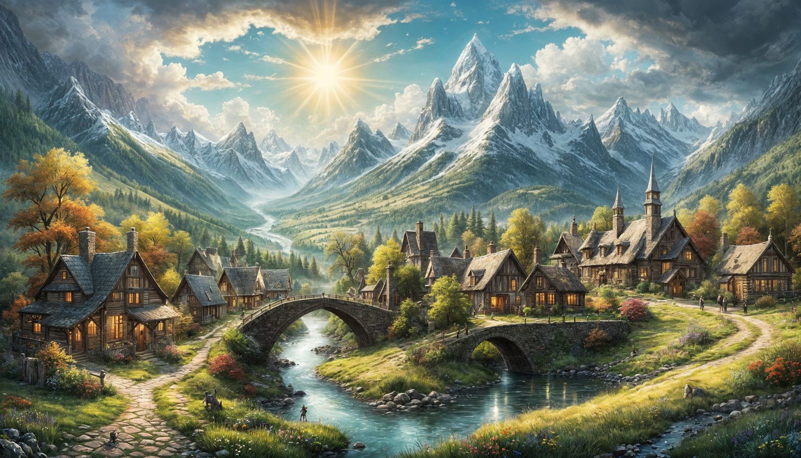 1800s Fantasy Village with River and Mountains in Gothic Sty...