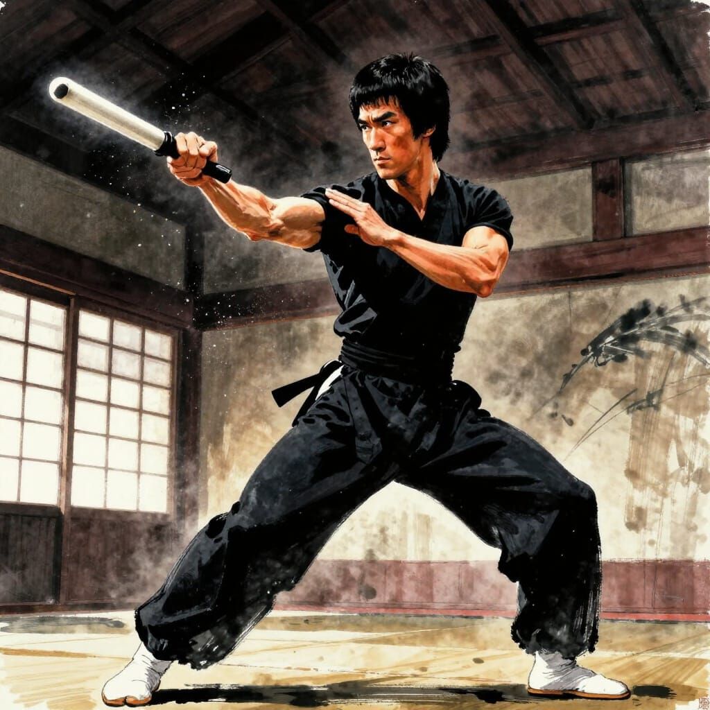 Bruce Lee with Nunchaku in Dynamic Dojo Pose