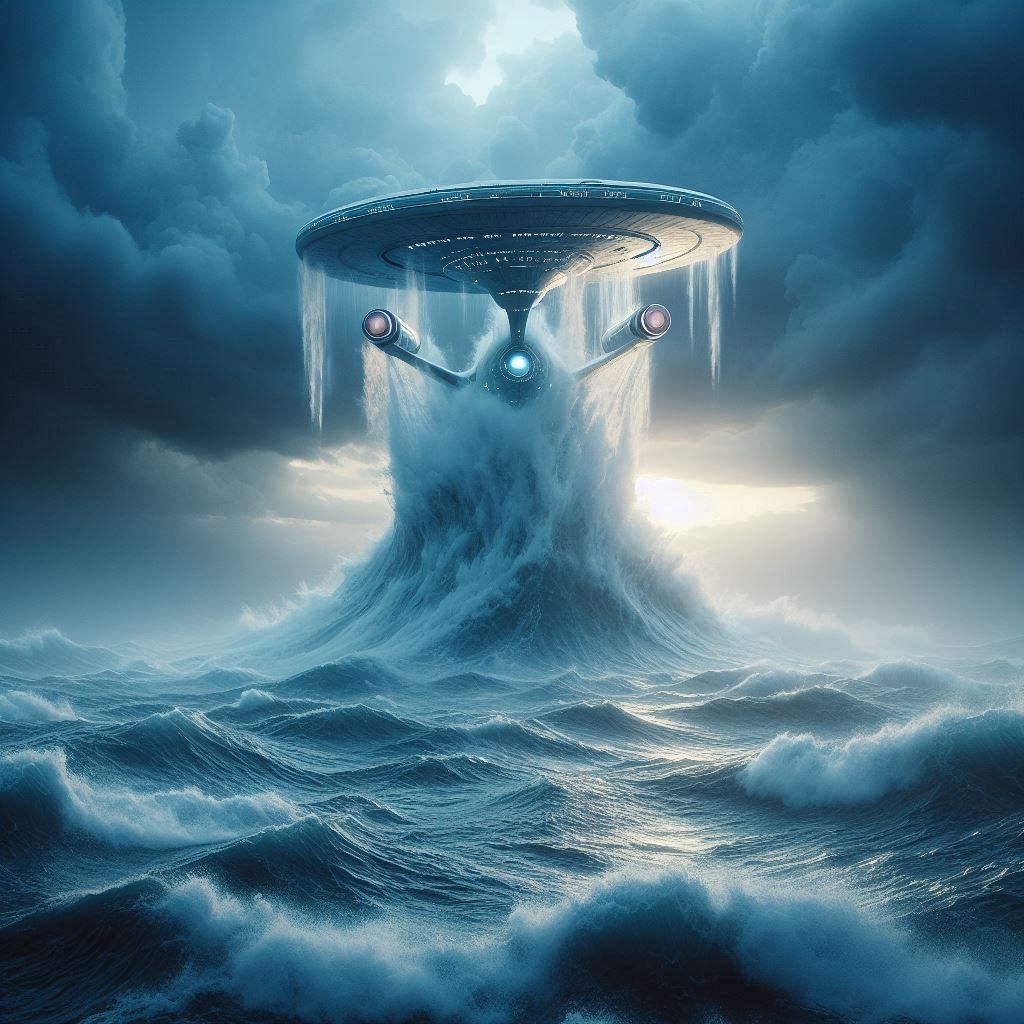 The Enterprise emerging from a far away Ocean