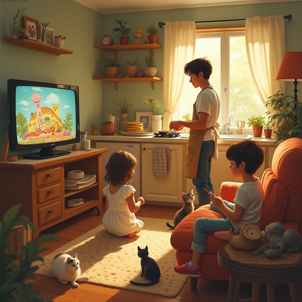 Cozy Family Scene in Warm Golden Lighting