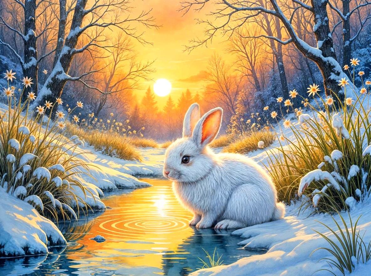 Watercolor and ink illustration of a fluffy white cute bunny rabbit drinking from a river, by Guymick ...  by @Kindly Offer