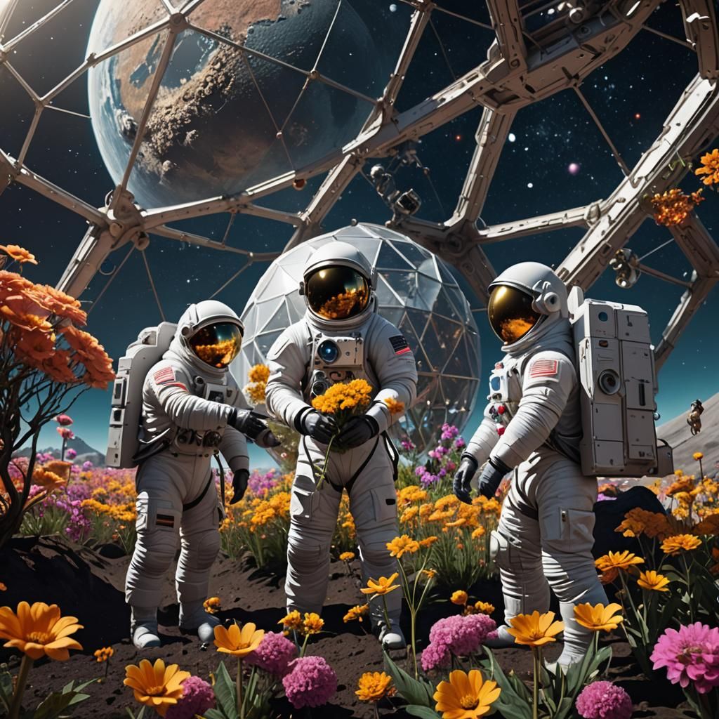 Three men in spacesuits tending to the flowers in a geodesic...