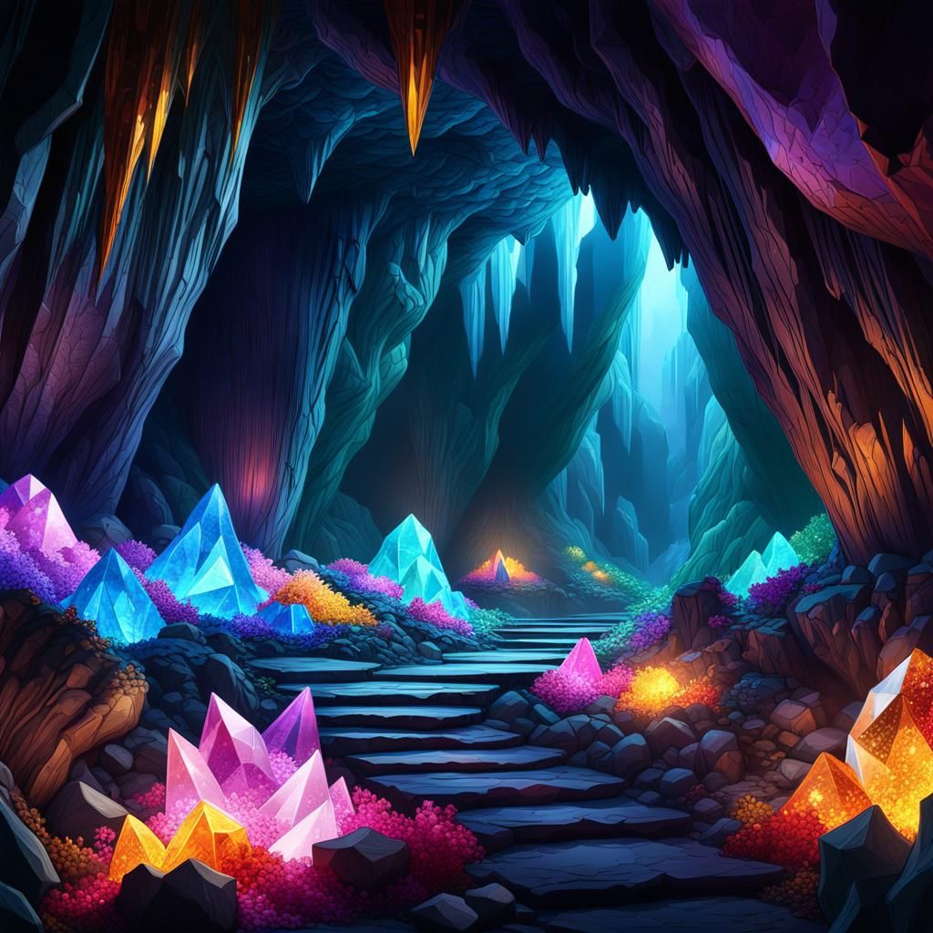 Illustration Of A Dark Underground Cavern Rich In Huge Colorful Crystal 