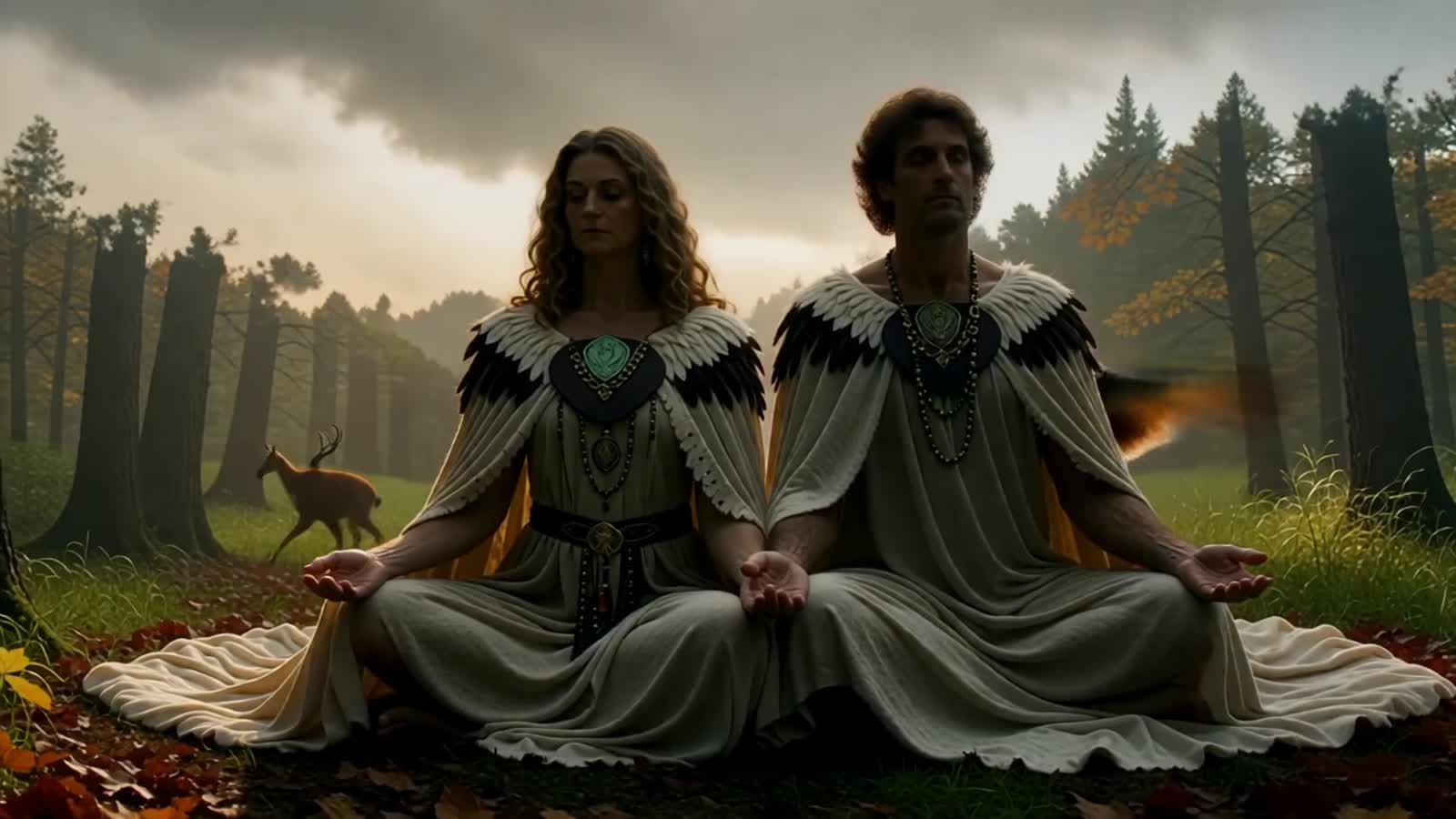 double exposure silhouette of a Native spirit woman and man  seated in meditation, feathered cloak flowing, double expos...