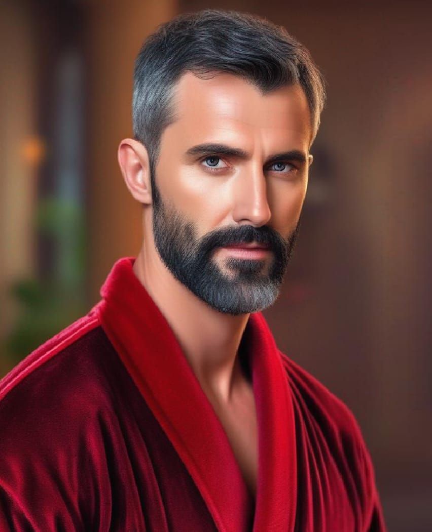A handsome  bearded man wearing a   red velours   bathrobe