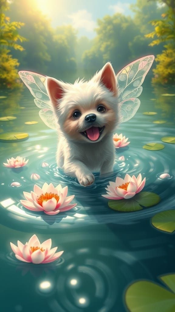 Little chubby fairy dog playing in the water