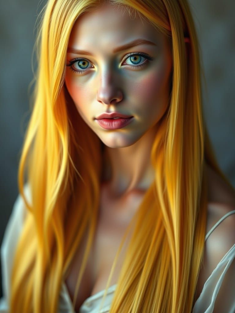 <lora:Boone:1.0> Hyper-realistic portrait of a young, elegant woman with fair skin. She has long, straight <yellow> hair, falling gently ove...