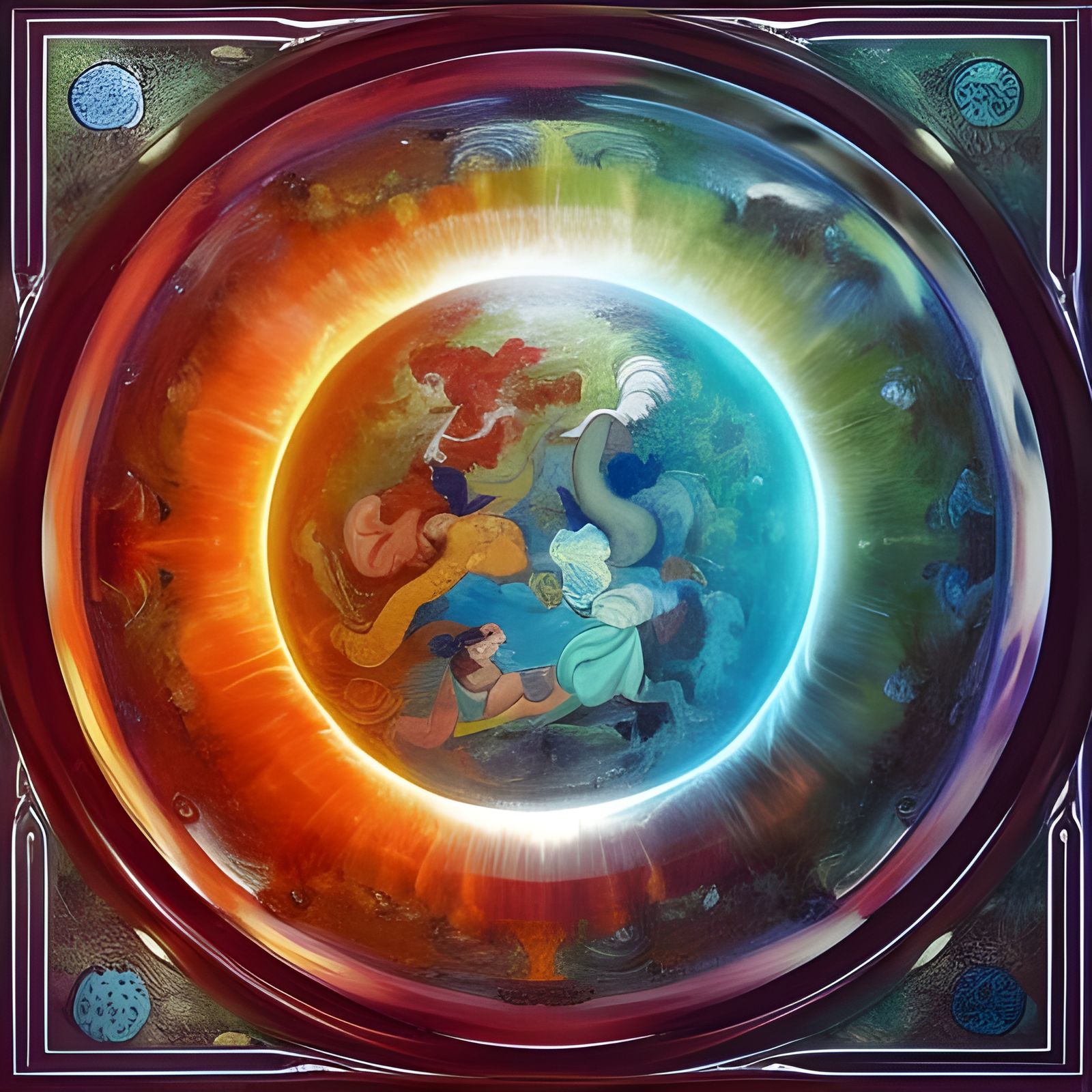 The 4 elements fire, earth, air, and water fighting in a cry...