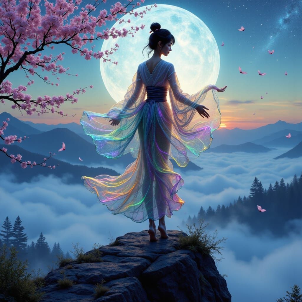 a beautiful silhouette of a japanese woman wearing a glass reflective colourful flowing silk kimono, balancing on a mountain top, with a bea...