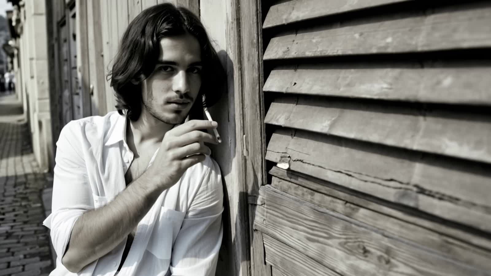 "Based on me, 1981 I thought a bit too much of myself."

 A photorealistic, medium shot, black and white portrait presen...