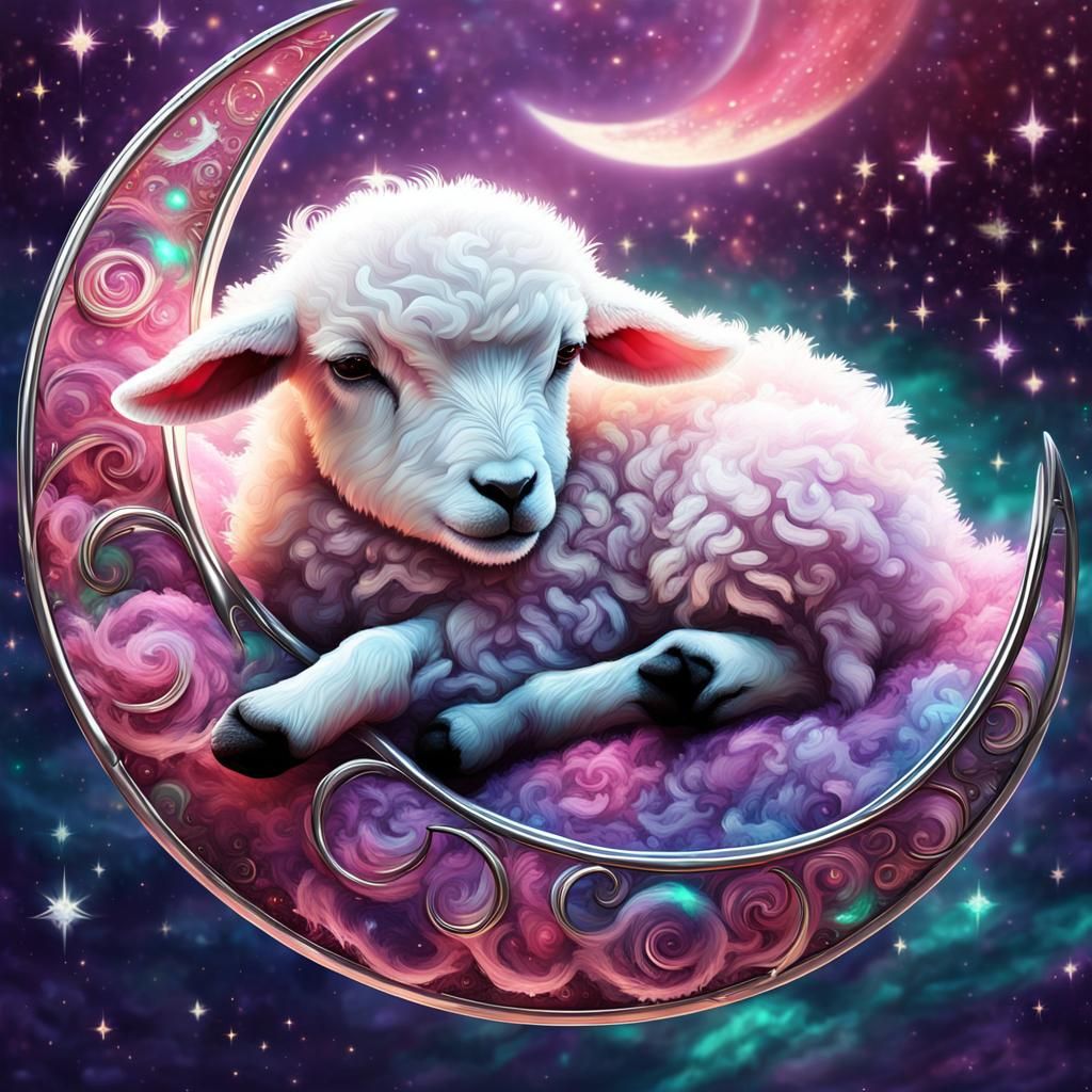 Baby lamb on a crescent moon..