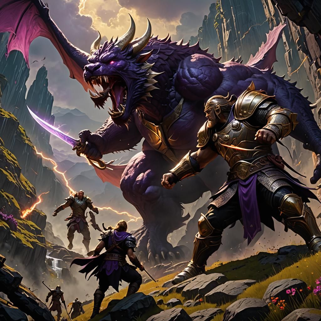 Beowulf battles Grendel on beautiful mountainside, in thunde...