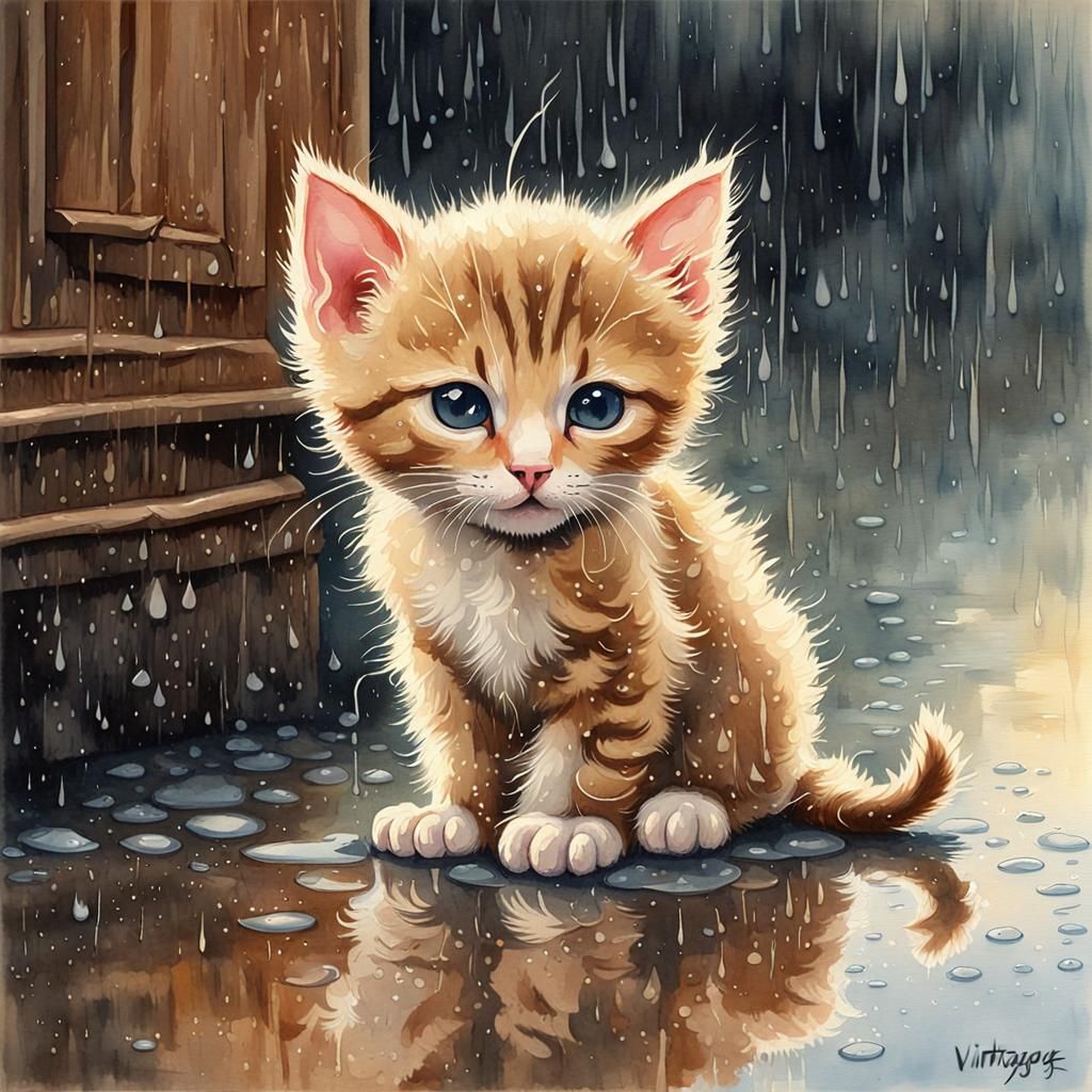 Watercolor painting of a sad looking kitten in the rain, a photorealistic painting, by Andre de Krayewski, the cutest ki...