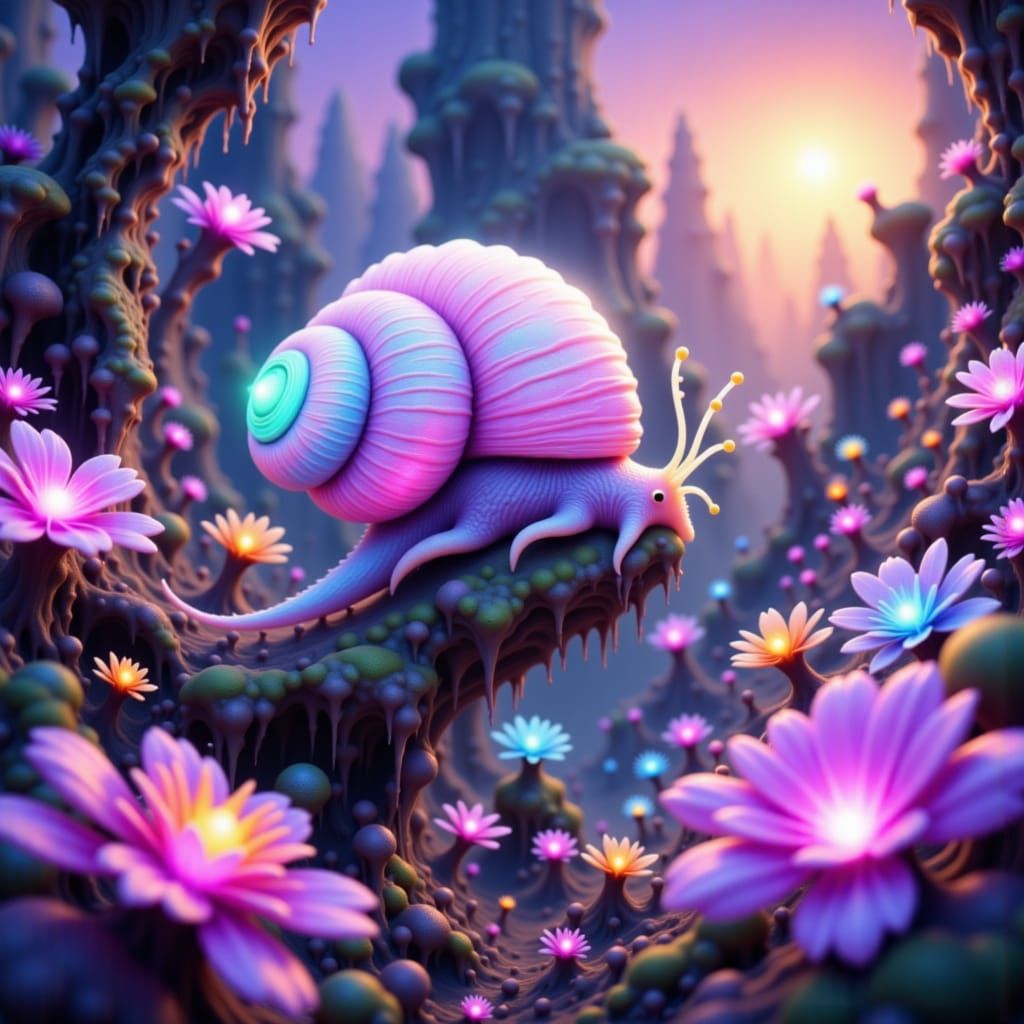 Anime style. A serene, nature-spirit snail gliding through a surreal, cosmic landscape, leaving a trail of shimmering, vibrant flowers. Gent...