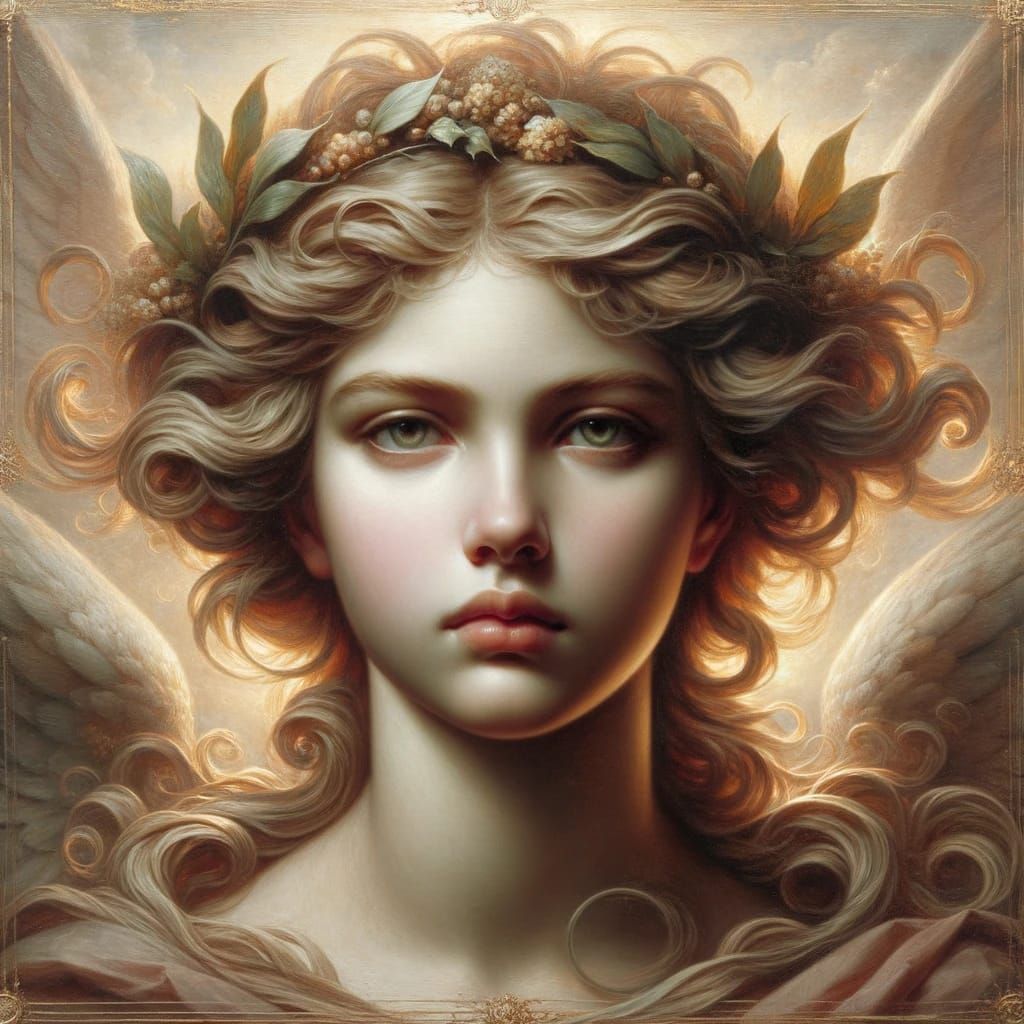 Oil painting of Seraphina's face, facing the viewer, depicted in the romantic and classical style of Paul Peel