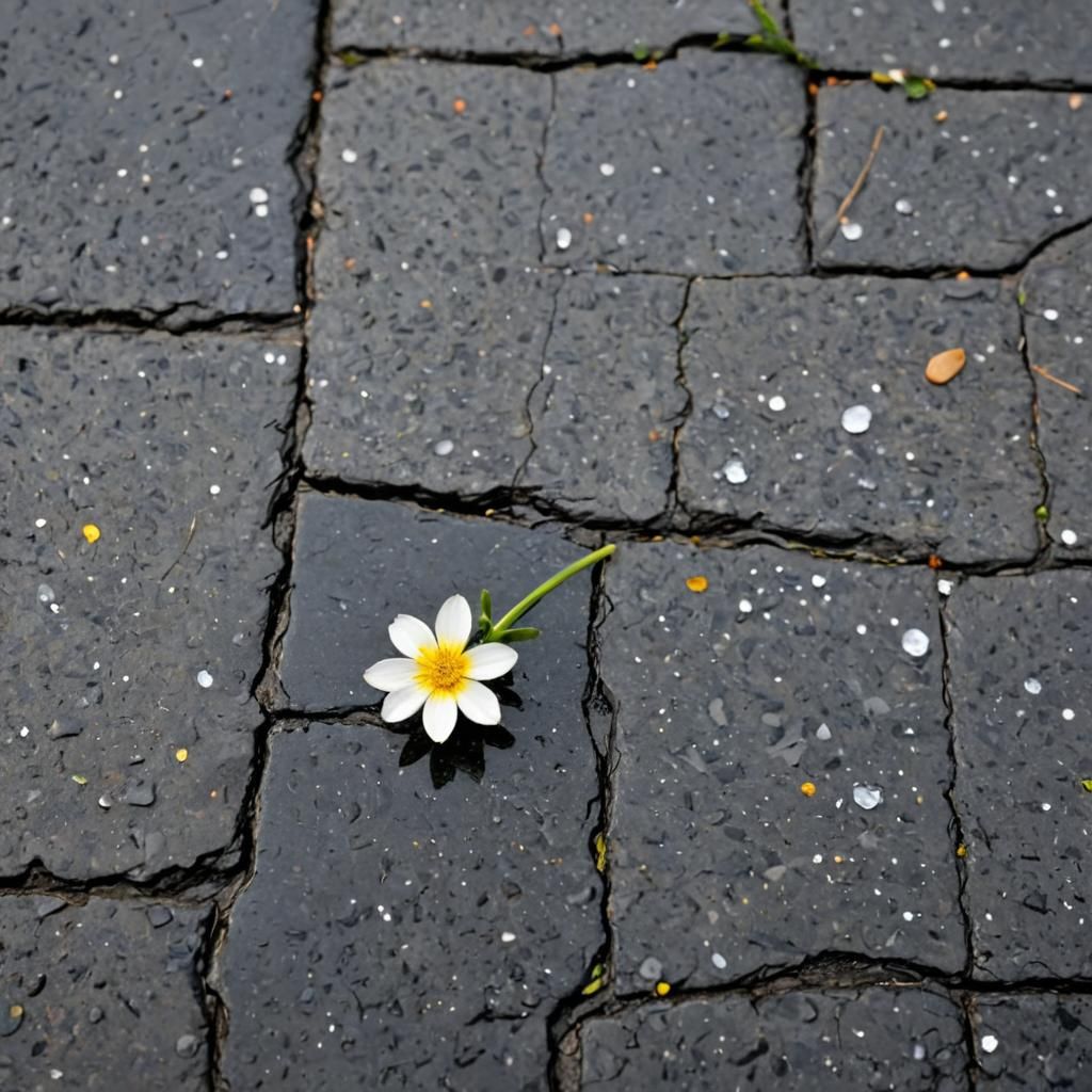 A small flower, white, yellow center, appear from the gap of...