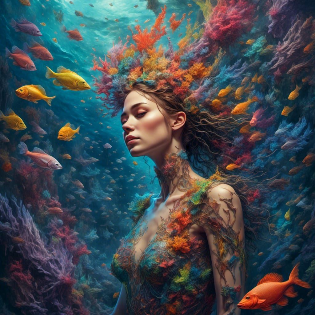 beautiful rainbow goddess woman in the ocean surrounded by intricate corals and fish <lora:Goddess Energy:1.0> 