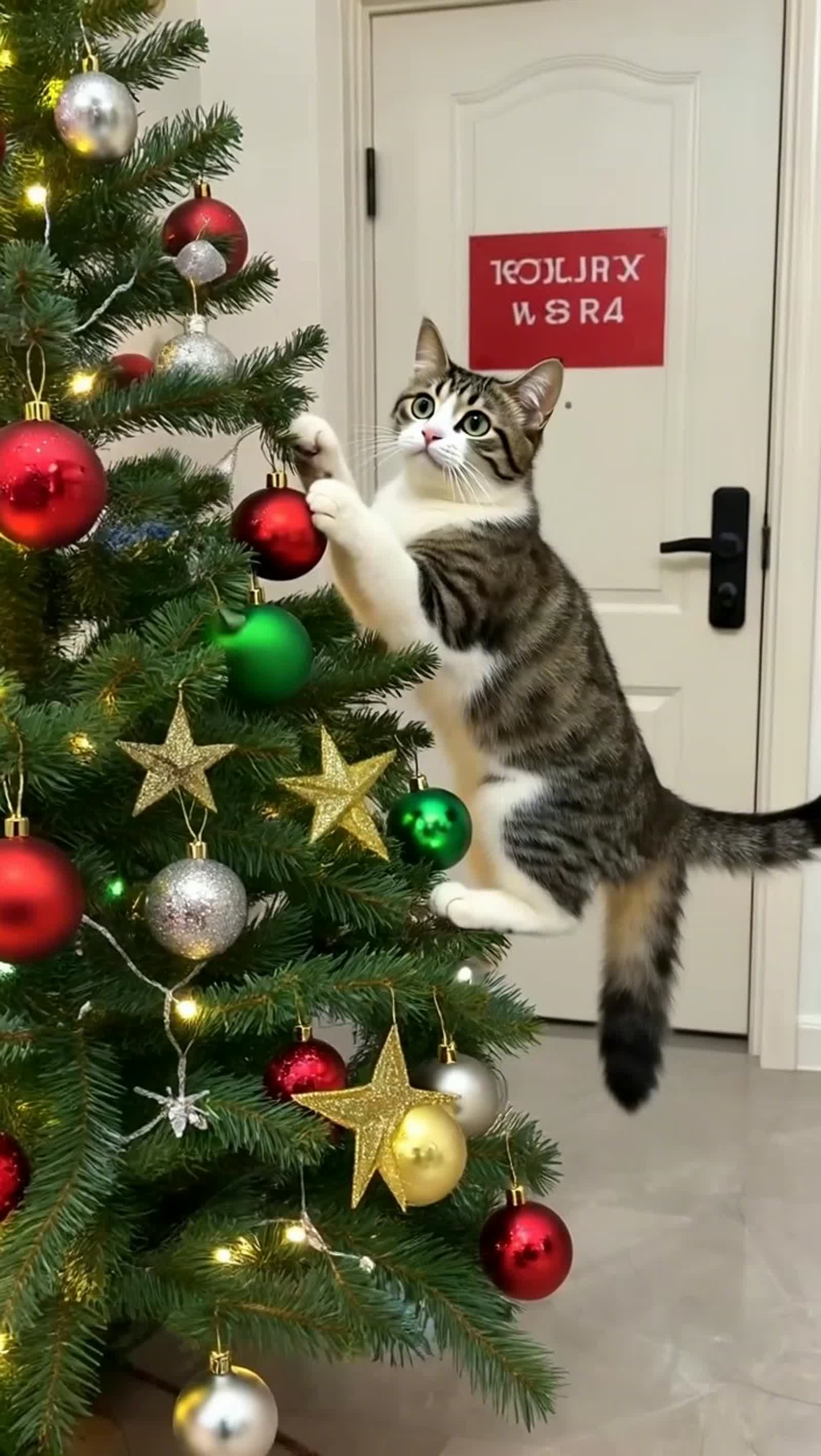 Cat climbing Christmas tree in a domestic lounge, photo realistic image.
