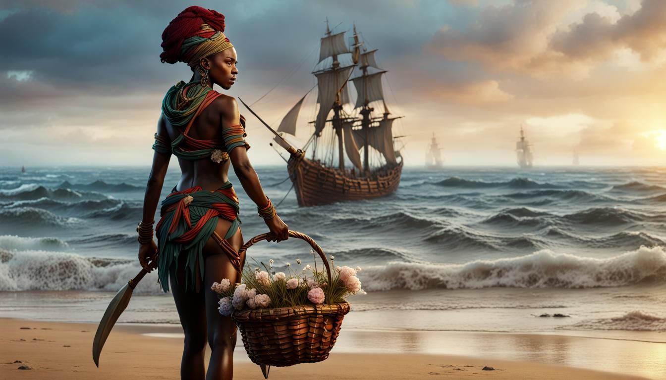 Beautiful female African warrior standing on a beach.
She is...