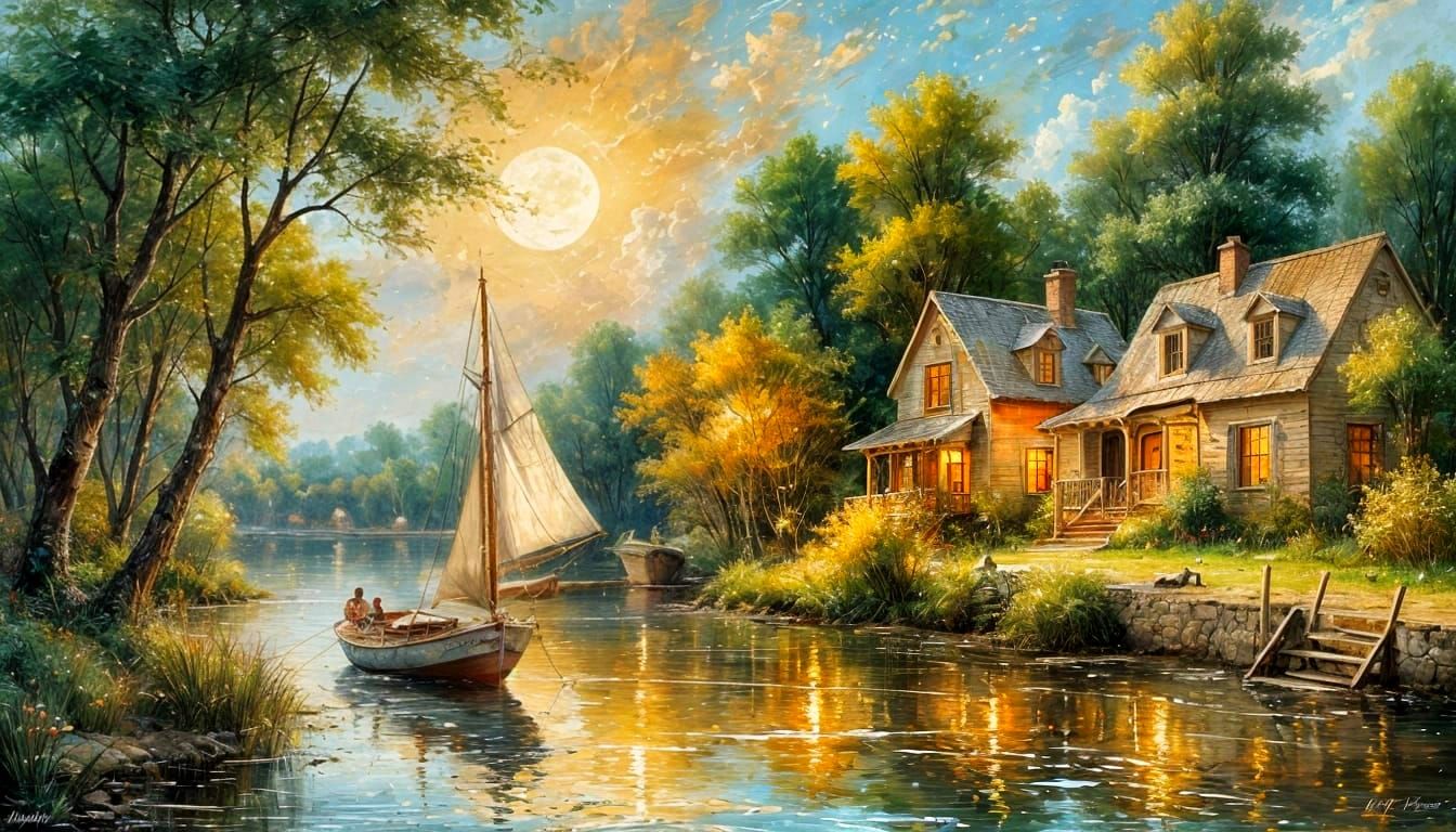 a beautiful river and a lush trees forest with little houses in background, a rustic abandoned sailboat ...  by @Hugo Raul