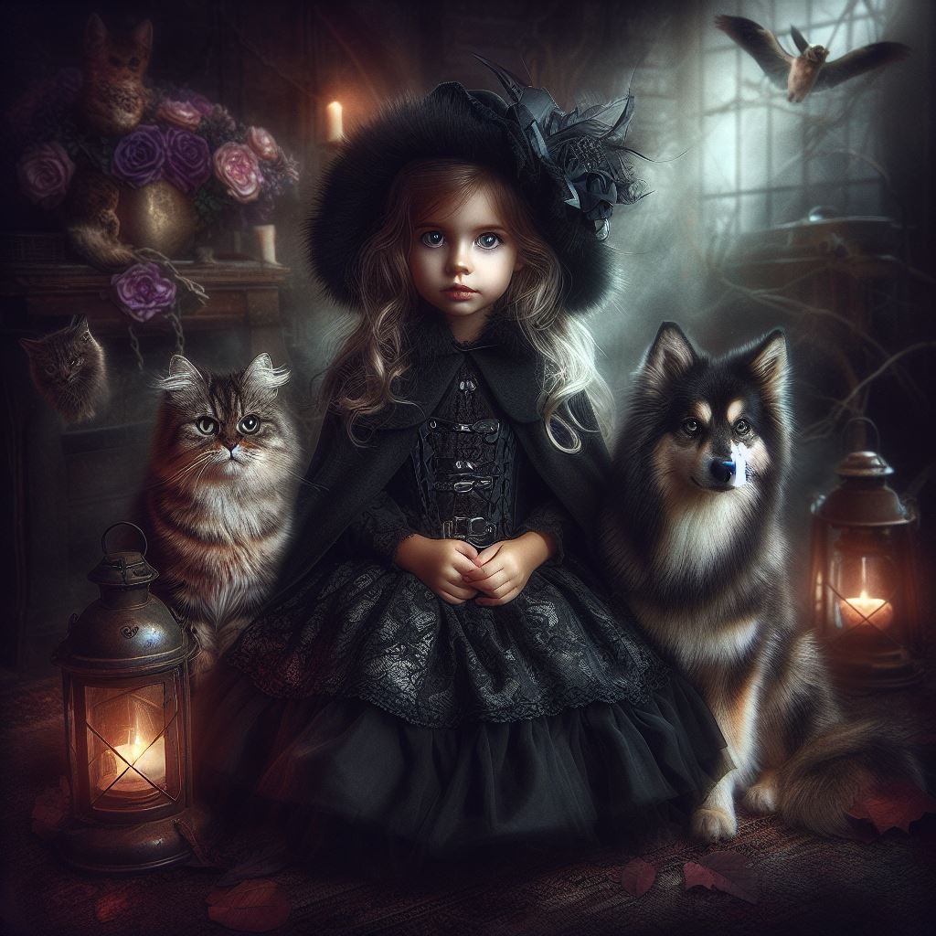 Sweet Goth Girl with her Faithful Cat and Dog