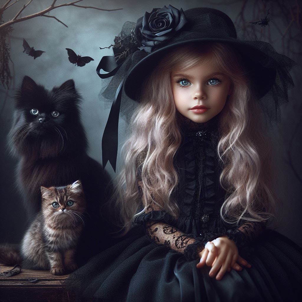 Sweet Goth Girl with her Faithful Cats